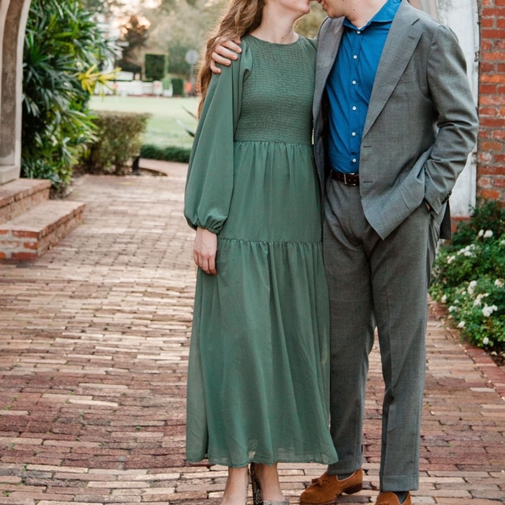 Green engagement photo dress